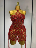 Sparkly Sequin Diamond Mesh Transparent Two Piece Set Women Sexy Evening Party Celebrate Birthday Photo Shoot Wear Red