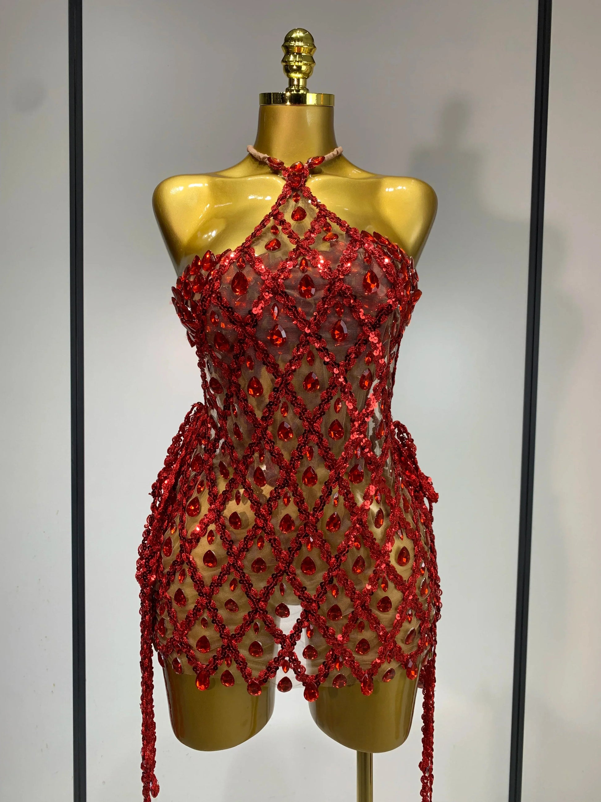 Sparkly Sequin Diamond Mesh Transparent Two Piece Set Women Sexy Evening Party Celebrate Birthday Photo Shoot Wear Red