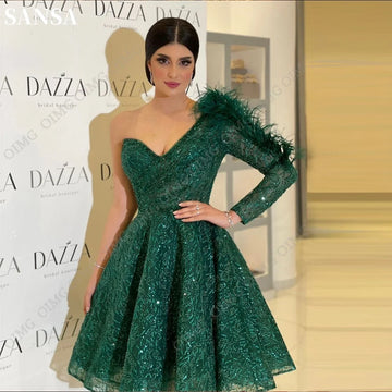 Sansa Luxury فساتين سهره فاخره Sequins On Sleeve 2023 Green Mini فساتين للحفلات الراقصة Sexy Ostrich Hair Beading Prom Dress
