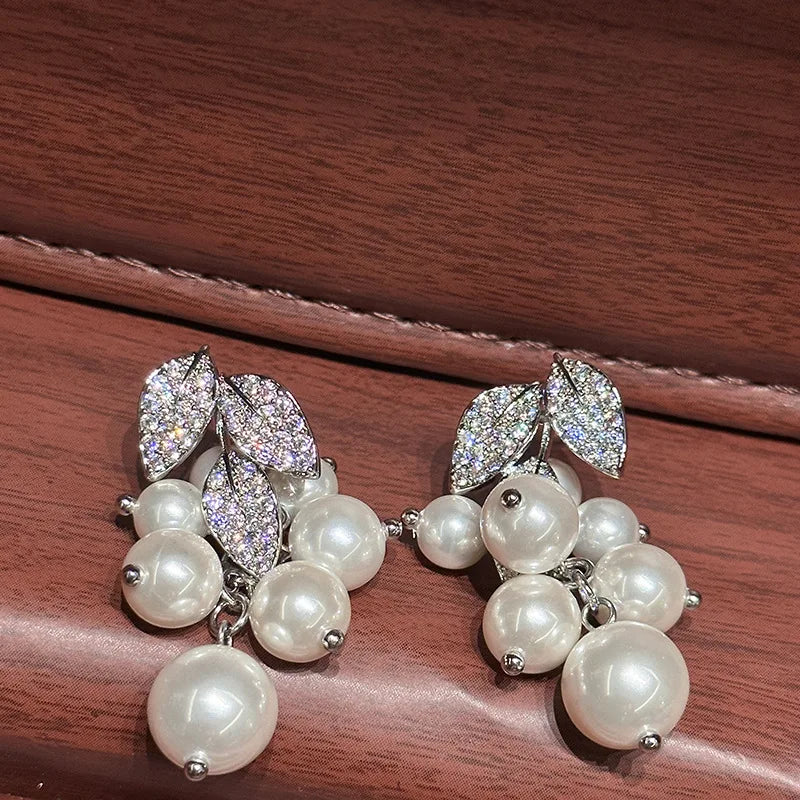 Leaf Pearl Zircon Bridal Earrings Silver Color Zirconia Wedding Earring For Brides Bridesmaids Accessories Women Gift Jewelry