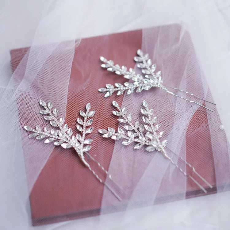 Crystal Rhinestones Hair Pin Clip Leaf Hairpin For Brides Bridesmaids Silver Color Head Piece Wedding Accessories Bridal Jewelry