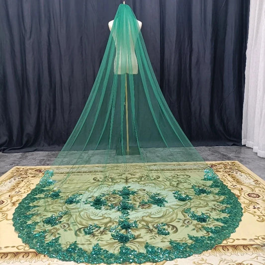 300cm Long 1 Layer Chapel / Cathedral Length Bridal Veil Green Sequin Lace Veil Wedding Accessories Metal Comb Green