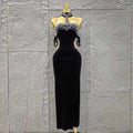 Women Sexy Off the Shoulder Shinning Crystal Bodycon Long Dress Velvet Celebrate Nightclub Party Birthday Dress black