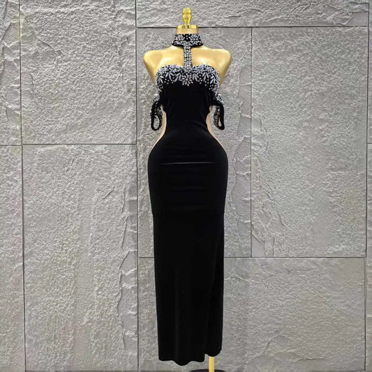Women Sexy Off the Shoulder Shinning Crystal Bodycon Long Dress Velvet Celebrate Nightclub Party Birthday Dress black