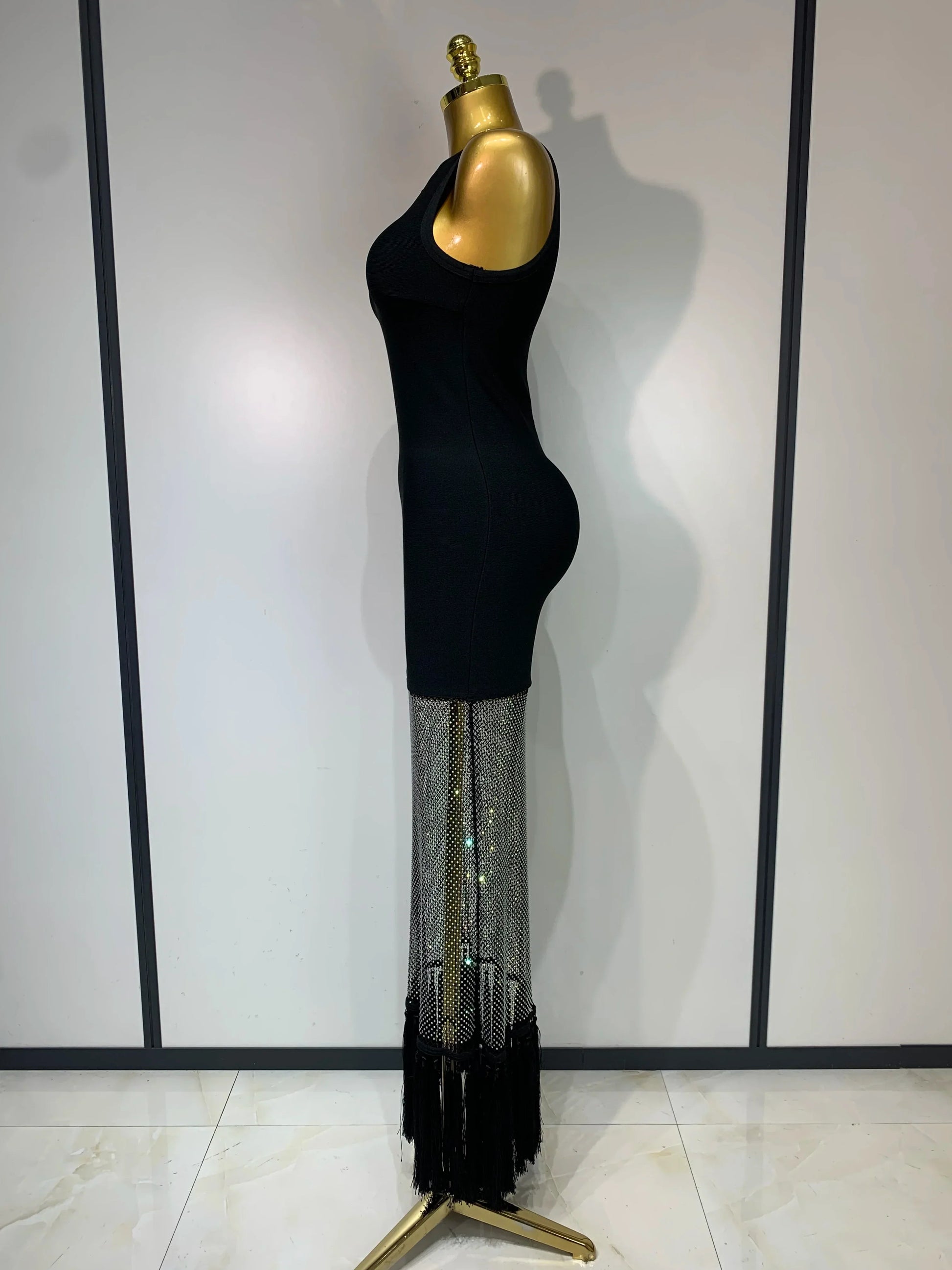 Fashion Black Sleeveless Sparkly Diamonds Tassel Bandage Dress Celebrity Cocktail Evening Party Luxury Birthday Gown