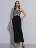 Sexy Strapless Diamond Sequin mesh Patchwork Bodycon Bandage Long Dress Women Fashion Celebrate Evening Party Gowns