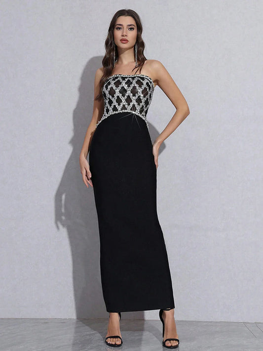 Sexy Strapless Diamond Sequin mesh Patchwork Bodycon Bandage Long Dress Women Fashion Celebrate Evening Party Gowns