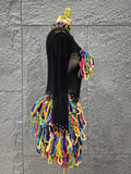 Black Color Women Long Sleeve Sexy Mesh See Through Bodycon Mini Dress Colorful Tassels Nightclub Party Performance Stage Wear