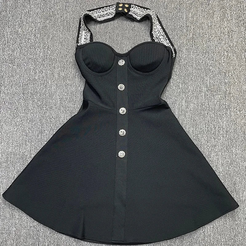Women Sexy Halter Shinning Diamond Backless Bandage A-Line Mini Dress Evening Party Birthday Vacation Dress