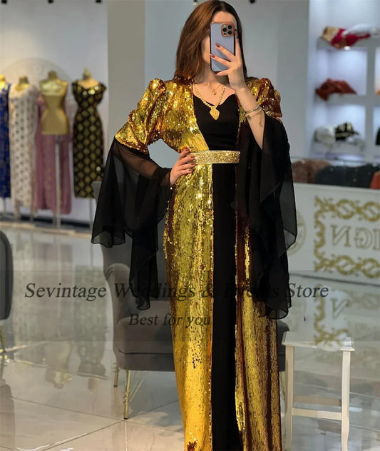 Luxury Black Gold Mermaid Evening Dress V-Neck Long Flare Sleeves Seqineds Prom Gown Belt Floor Length Algerian Outfit