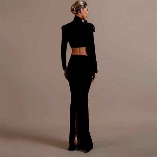 Black Red Women Long Sleeve Diamond Florals 2 Pieces Bodycon Long Bandage Dress Celebrate Evening Party Christmas Dress
