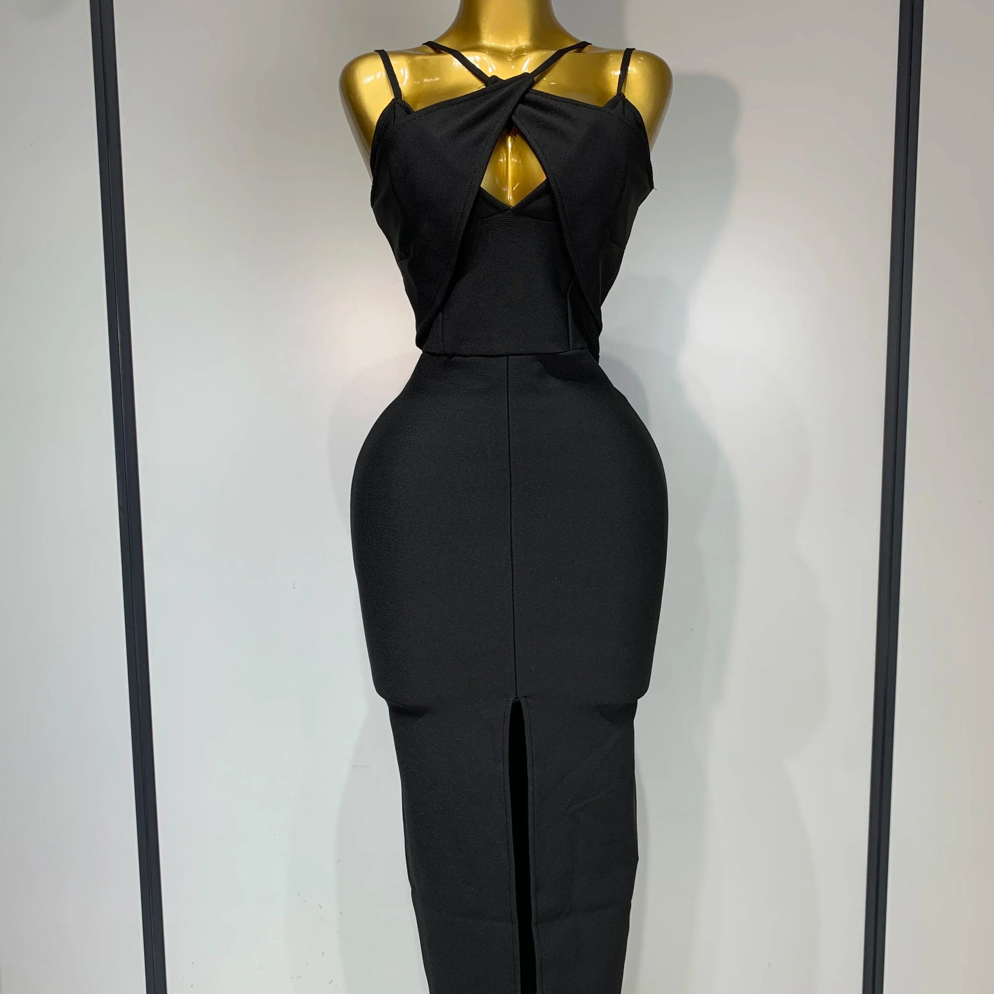 Women Sexy Sleeveless Hollow out Split Backless Black Midi Bandage Dress Celebrity Elegant Evening Cocktail Party Dresses black