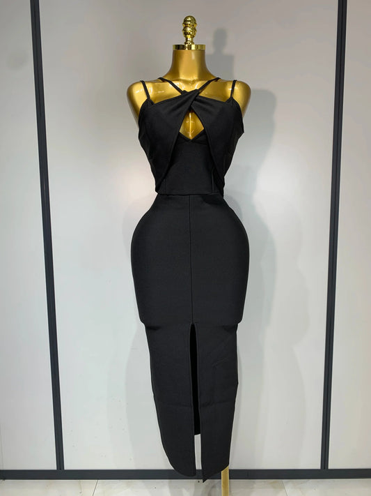 Women Sexy Sleeveless Hollow out Split Backless Black Midi Bandage Dress Celebrity Elegant Evening Cocktail Party Dresses black