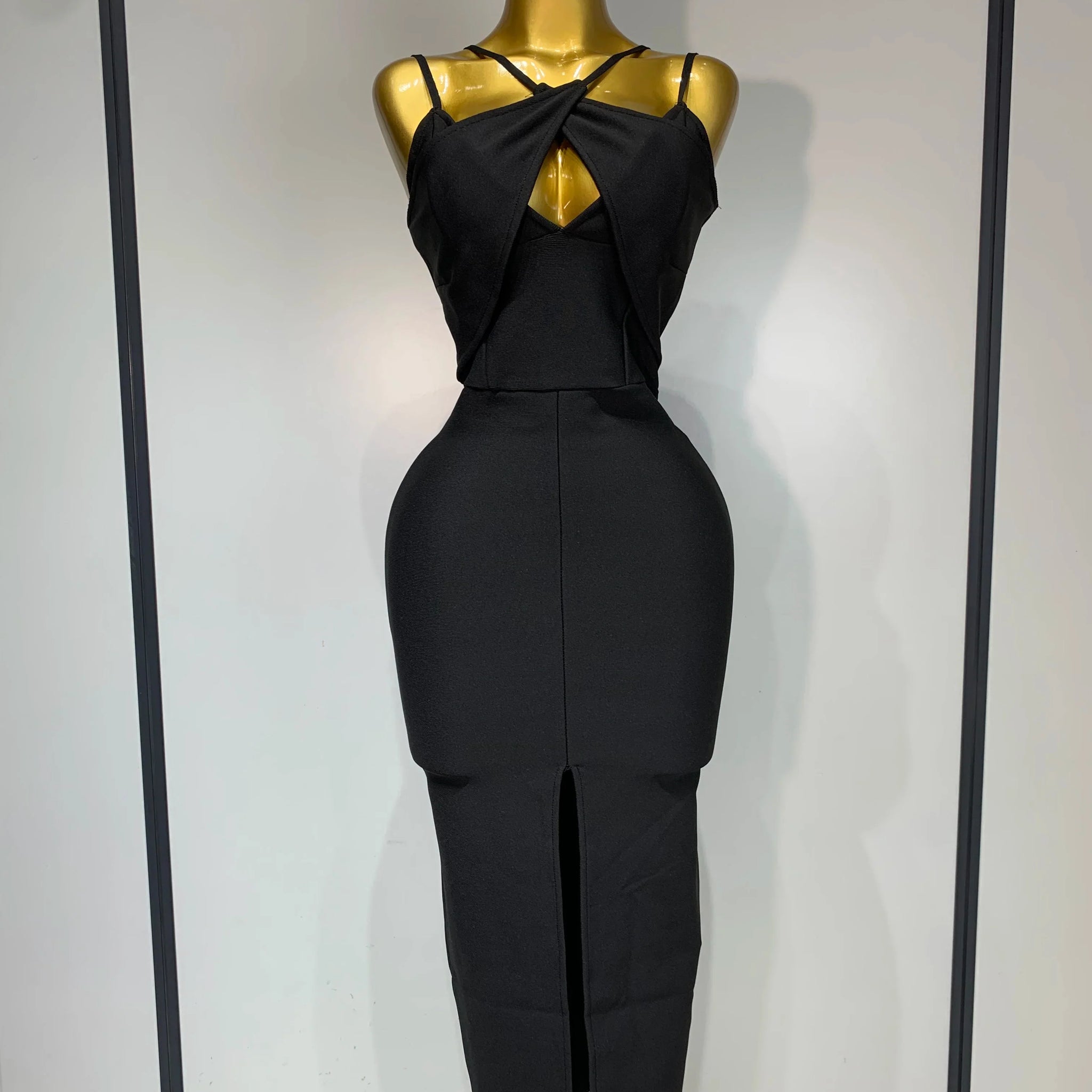 Women Sexy Sleeveless Hollow out Split Backless Black Midi Bandage Dress Celebrity Elegant Evening Cocktail Party Dresses black