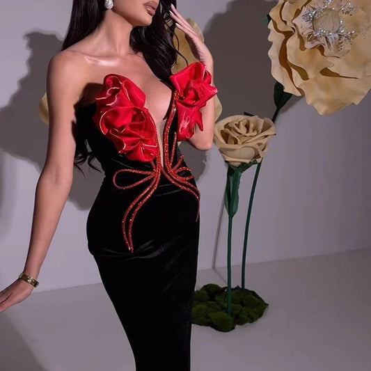2024 New Fashion Red Florals Women Sexy Strapless Off the Shoulder Bodycon Bandage Long Dress Nightclub Party Celebrate Dress black