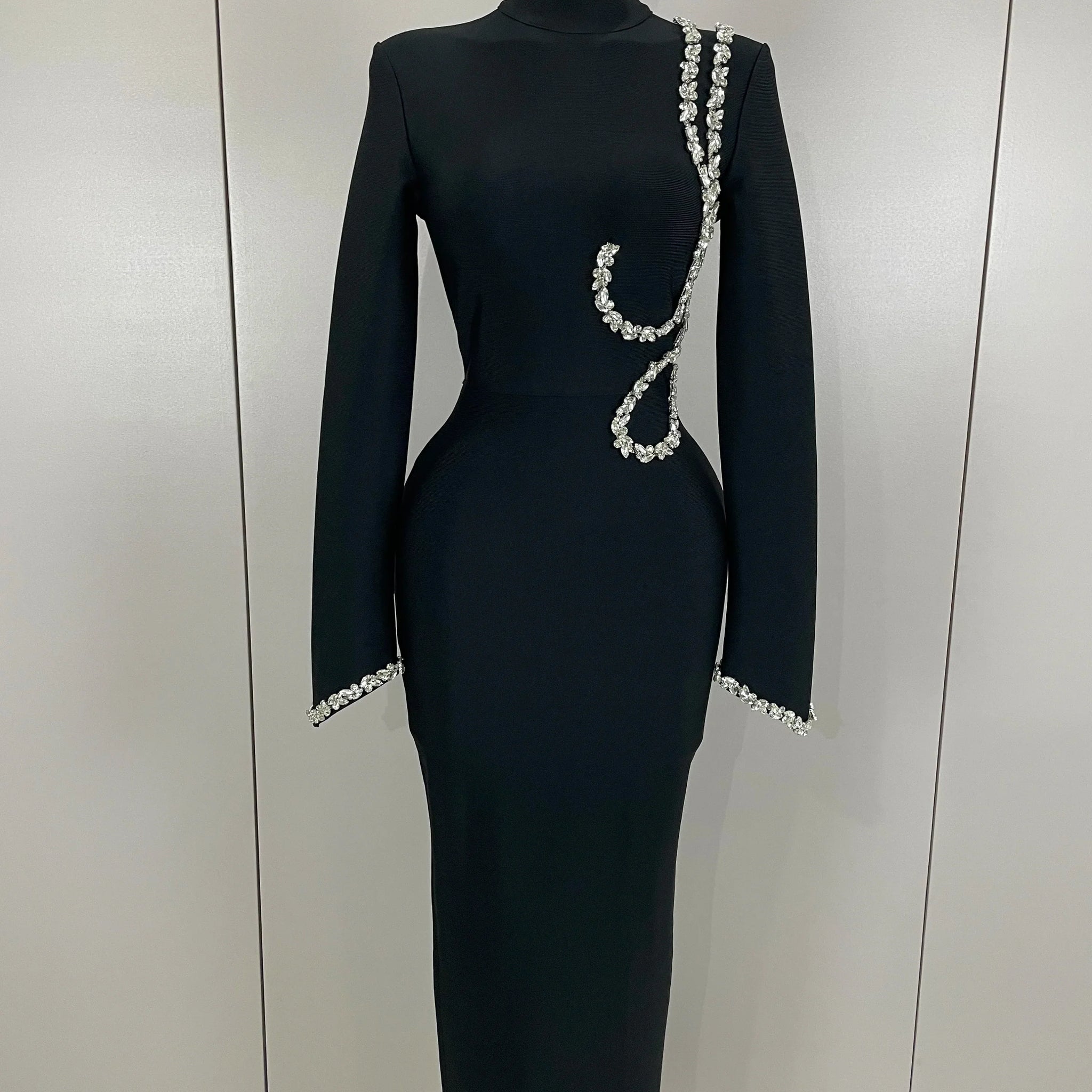 Sexy Long Sleeve Diamonds Maxi Long Bodycon Bandage Dress Women Celebrity Elegant Evening Party Luxury Birthday Dresses black