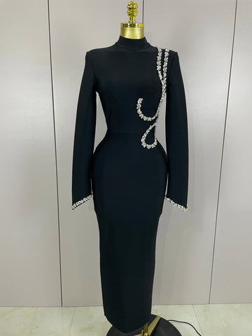 Sexy Long Sleeve Diamonds Maxi Long Bodycon Bandage Dress Women Celebrity Elegant Evening Party Luxury Birthday Dresses black