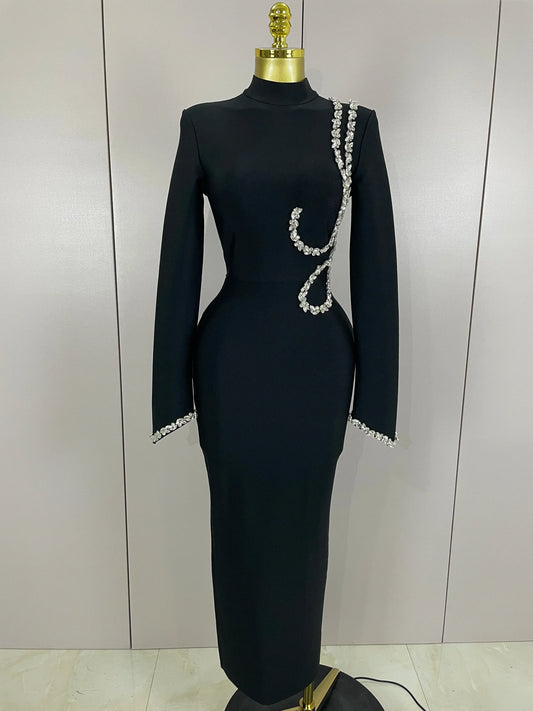 Sexy Long Sleeve Diamonds Maxi Long Bodycon Bandage Dress Women Celebrity Elegant Evening Party Luxury Birthday Dresses black