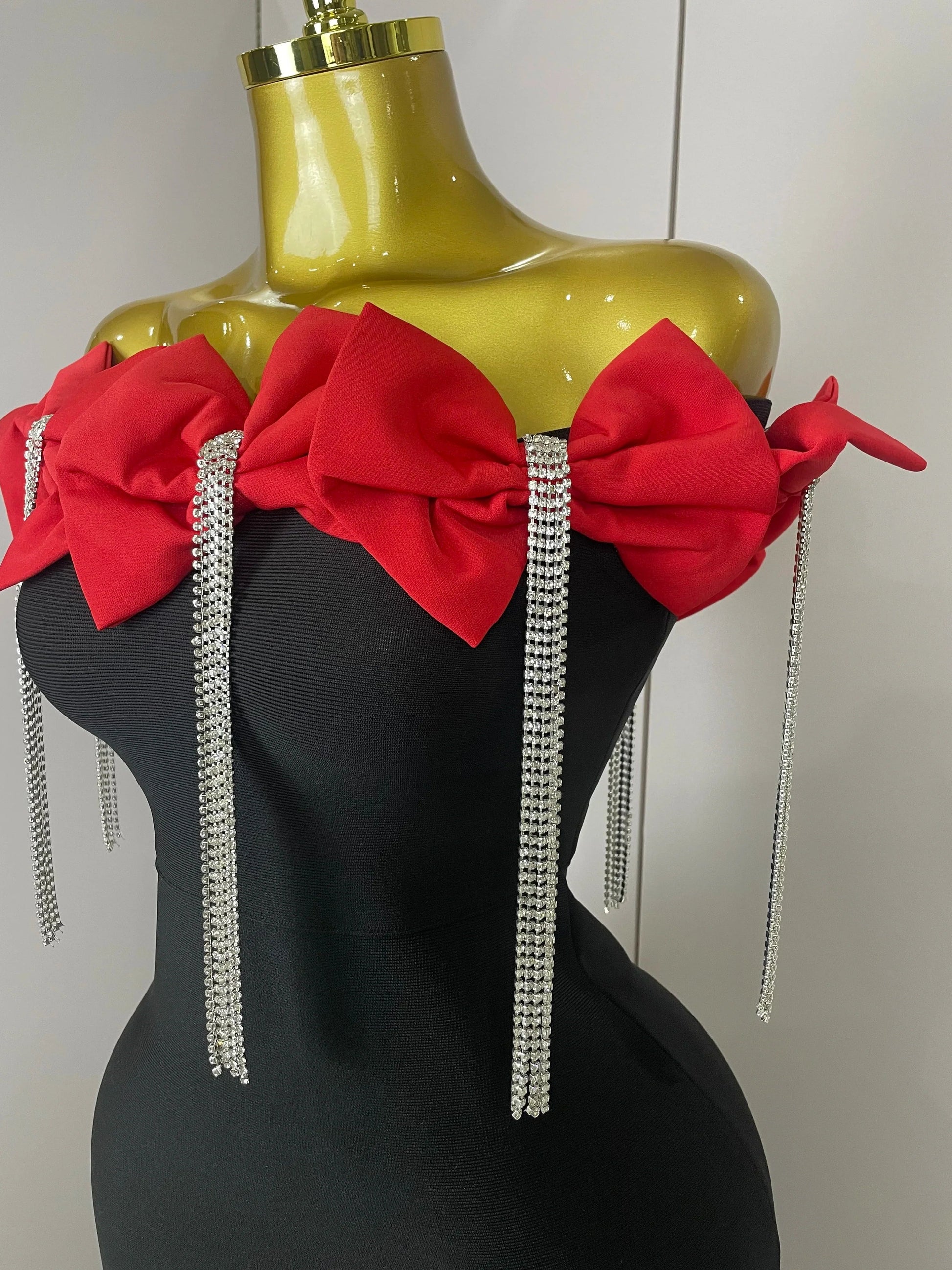 Women Celebrity Sexy Off Shoulder Flower Diamonds Black Bow Tie Maxi Long XL Bandage Dress Elegant Evening Club Party Dress