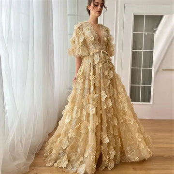 Fairy Prom Dress A-Line Deep V-Neck Ruched 3D Flowers Floor-Length Evening Gown As Picture