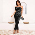 Black White Color Women Sexy One Shoulder Shinning Crystal Bodycon Long Bandage Dress Fashion Elegant Evening Party Outfit