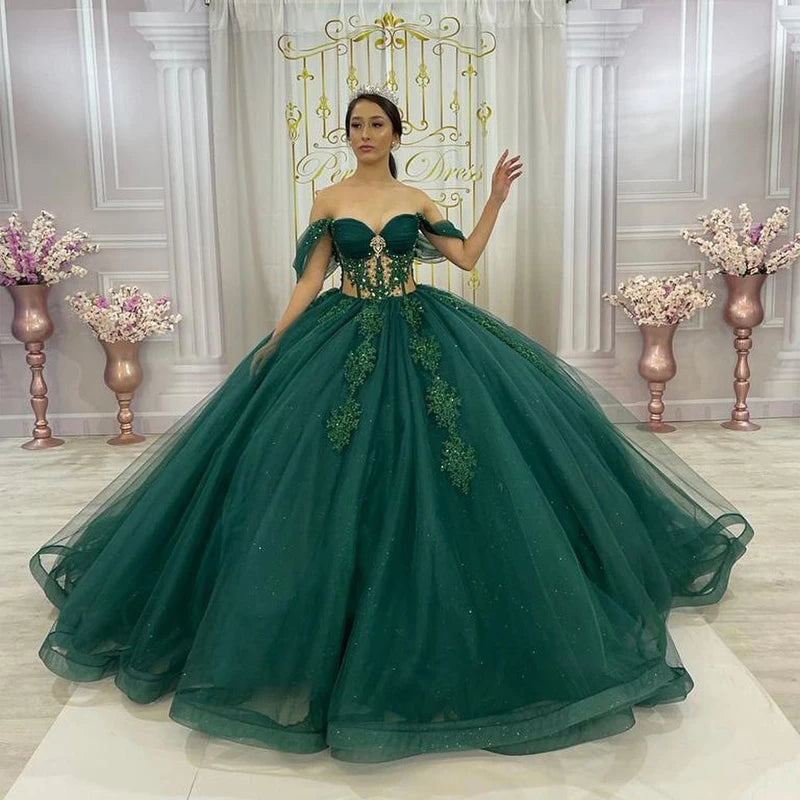 Green Glittering Luxury Crystal Quinceanera Dresses Off Shoulder Birthday Party Ball Gown Vestidos de 15 años