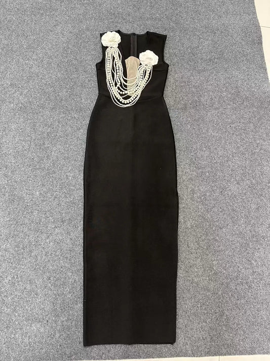 New Arrival Women Sexy Sleeveless Pearl Beading Bodycon Bandage Long Dress Celebrate Evening Party Nightclub Outfit Vestido
