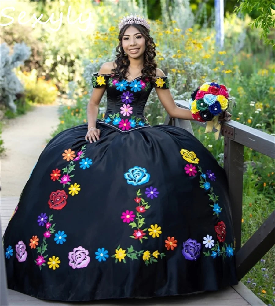 Customized Black Mexican Quinceanera Dresses Off Shoulders Embroidery Debutante Vestido De 15 Xv Años Satin Ball Gown Birthday