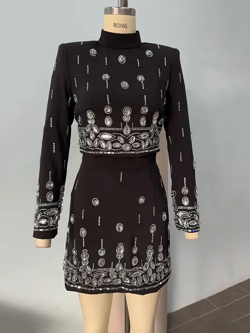 Women Heavy Industry Hot diamond Suit Short Skirt Set with Stand Collar Long Sleeve Hoodie Short Top+Mini Skirt Two Piece Set