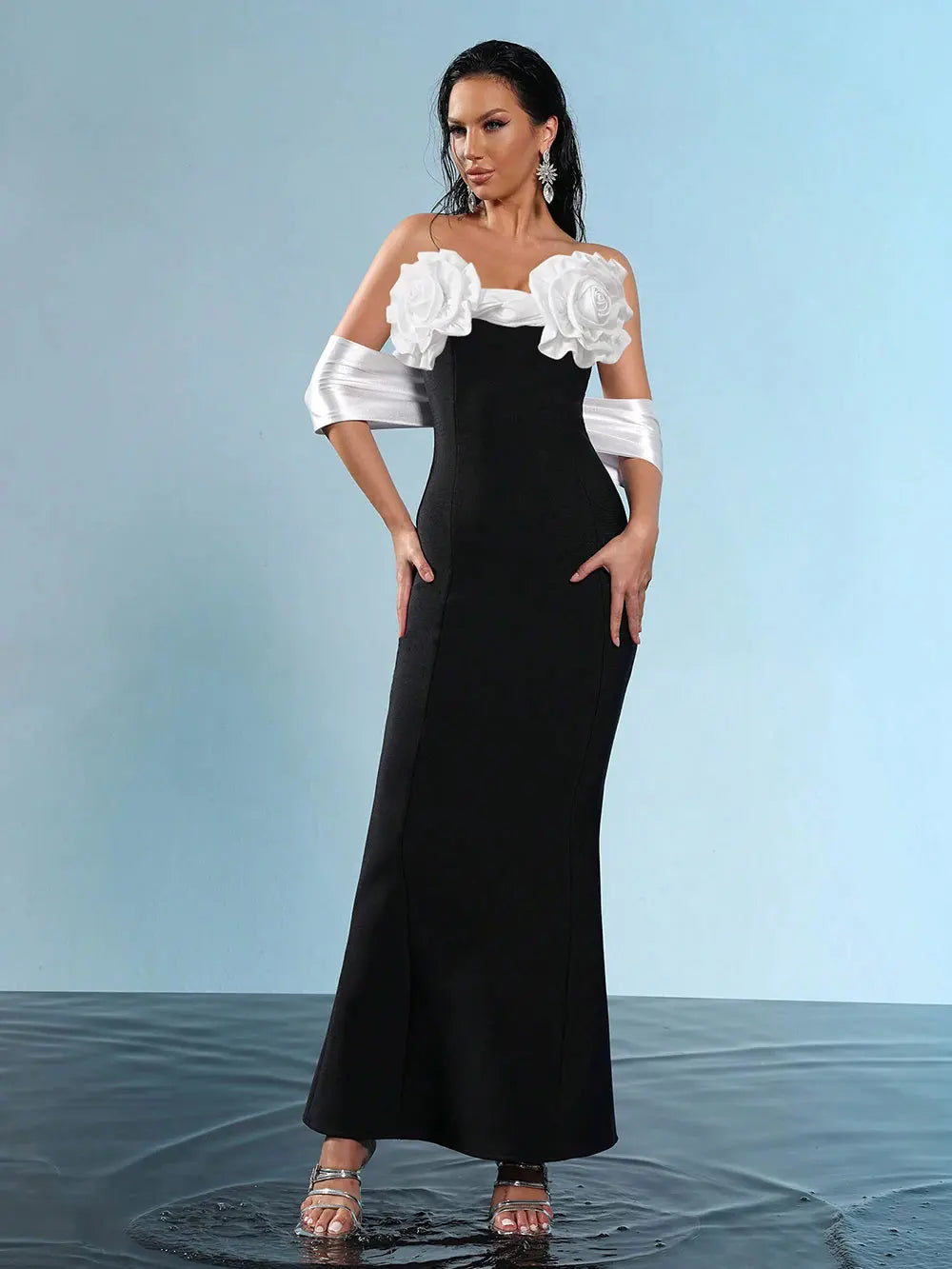 Sexy Women'S Three-Dimensional Flower Design Bandage Dress Strapless Shoulder Strap Sleeve Bodycon Backless Long Dresses black