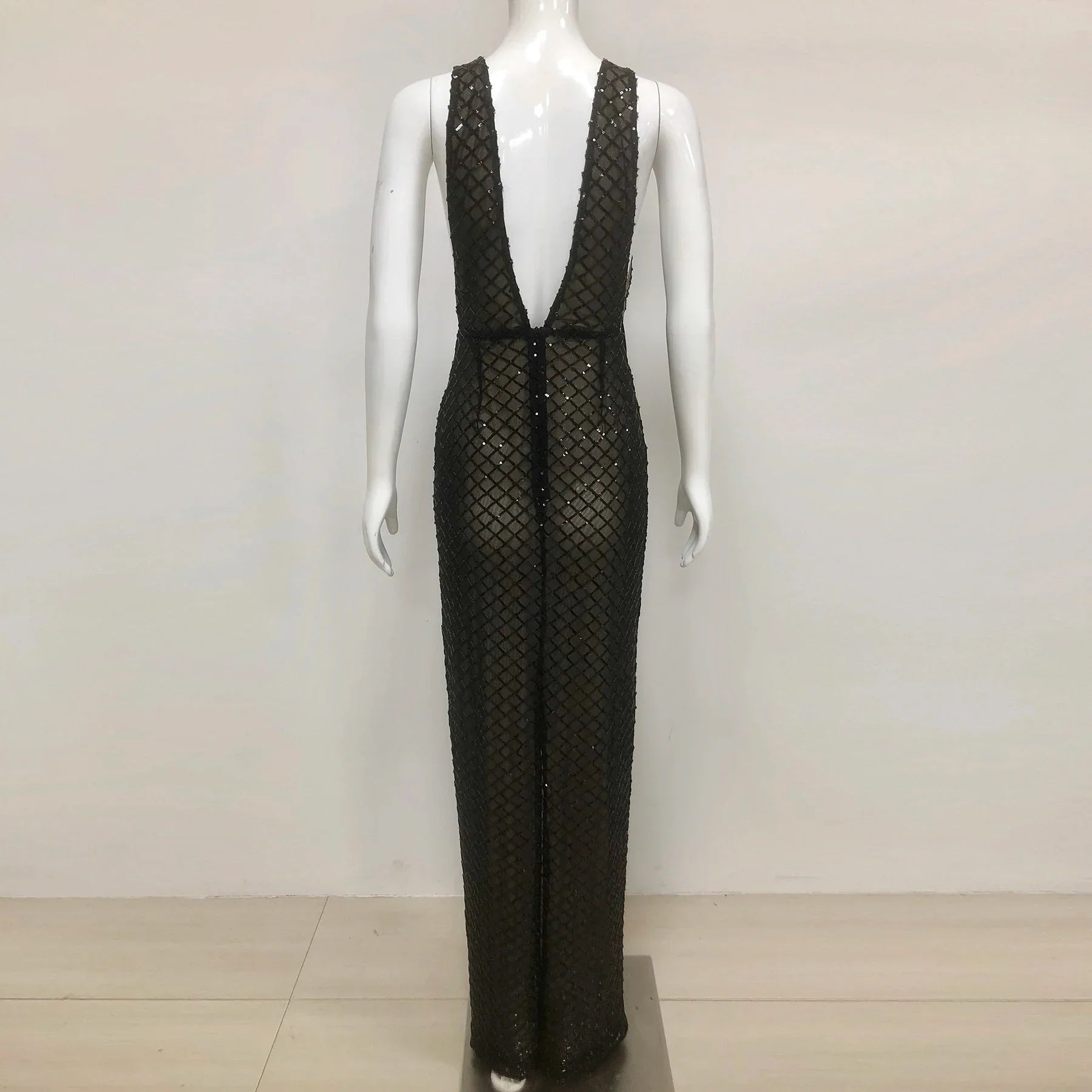 Black Bows Shining Sequin Sexy V-Neck Sleeveless Mesh See Through Long Dress Fashion Woman Evening Dress Celebrity Party Outfit