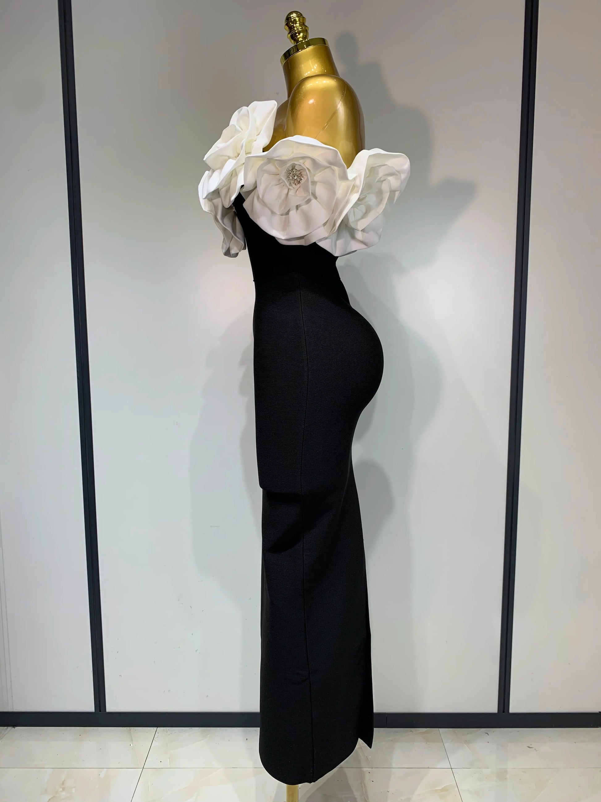 Women Sexy Off Shoulder Flower Diamonds Long Bodycon Bandage Dress Celebrity Elegant Evening Luxury Birthday Party Dresses
