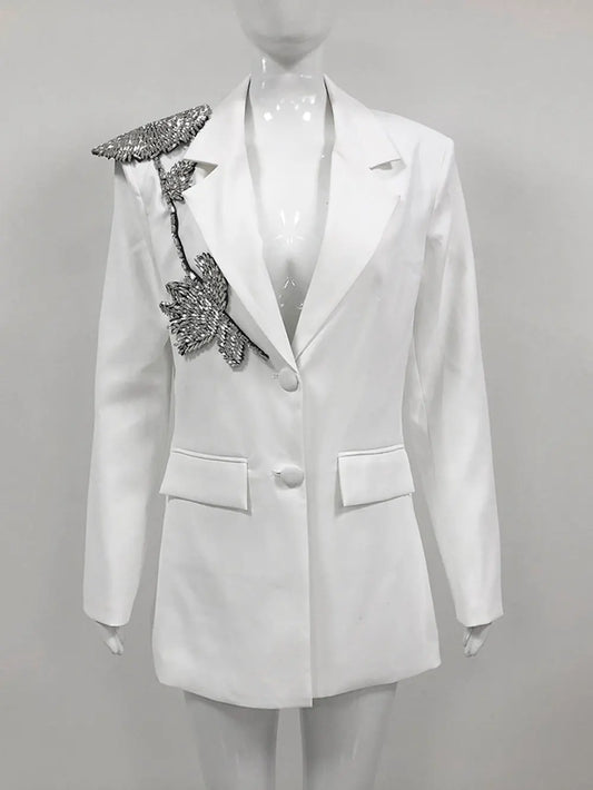 Elegant Women Office OL Blazer Polo Collar Long Sleeve Slim Fit Single breasted Stereoscopic Water Diamond Flower Suit Coat