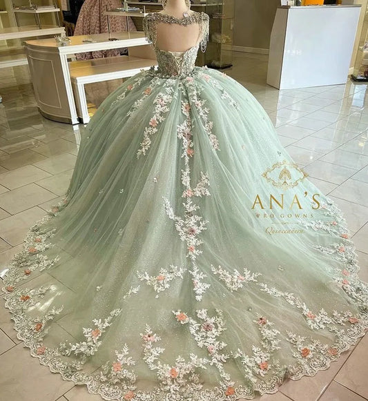 Luxury Green Quinceanera Dress Crystals 3D Floral Appliques Robes De Soirée Vestidos De 15 Anos Formal Birthday