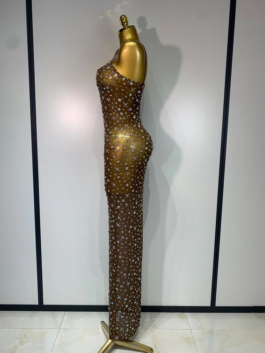 Sparkly Rhinestone Stretchy Mesh See Through Dress Women Performance Dancer Costume Luxury Birthday Nightclub Stage Outfit