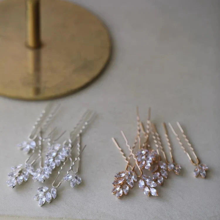 Bridal Jewelry Zircon Crystal Hair Pins Clips Leaf Hairpins For Brides Women Vintage Gold Color Head Pieces Wedding Accessories