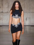 Women Summer Celebrity Sexy Crytal Black Mini Bandage Skirt Suit Knitted Elegant Evening Club Party Two Pieces Set black
