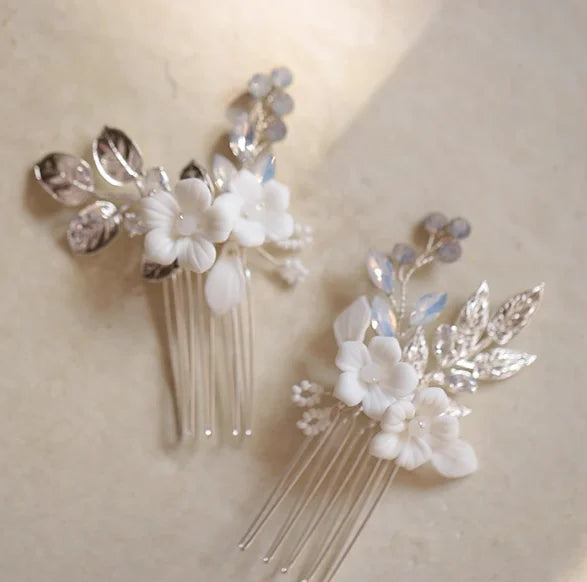 Porcelain Flower Hair Comb Pin Clip Leaf Head Piece For Brides Bridesmaids Crystal Hairpins Wedding Accessories Bridal Jewelry b