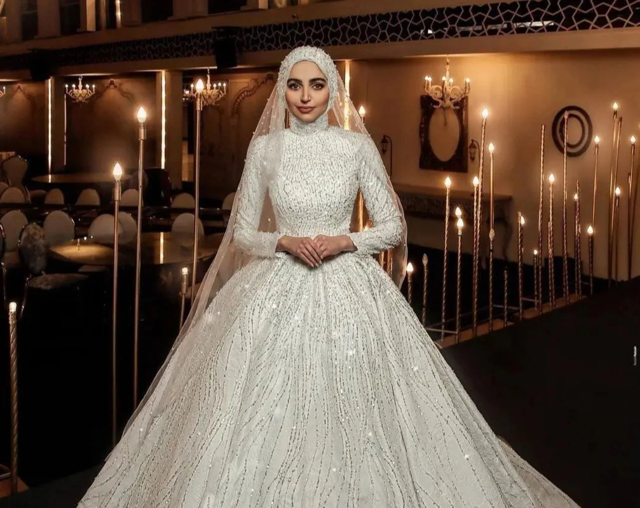 Customized Muslim Fancy Long Sleeves Wedding Dresses Sequined High Neck Bridal Gowns Made Glitter Vestido De Noiva 2025