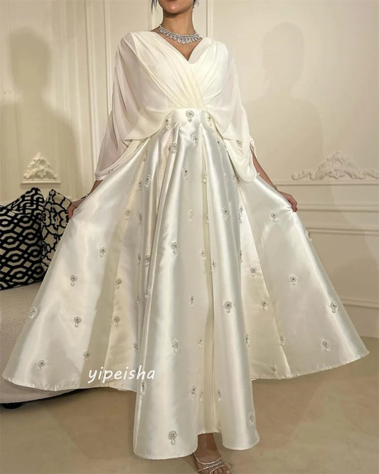 Prom Dress Saudi Arabia Satin Draped Applique Pleat Evening A-line V-Neck Bespoke Occasion Gown Long Sleeve Dresses