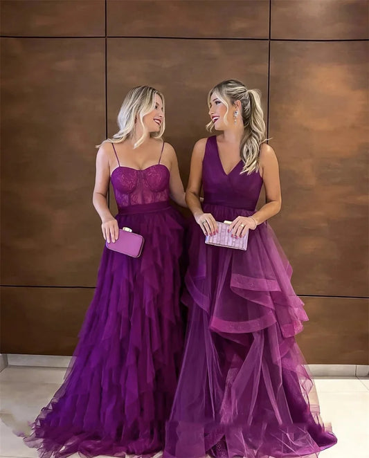 Purple V-neck vestidos de noche A-line Tulle Prom Dresses Elegant Sleeveless Dimensional Floor-Length Graduation Ceremony