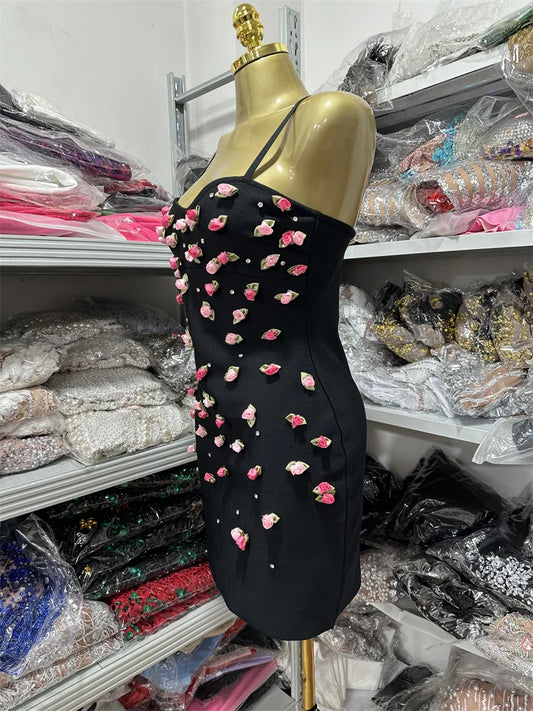 High Quality Women Sleeveless Sexy Strap Flowers Bodycon Bandage Mini Dress Celebrate Girls' Vacation Birthday Outfit