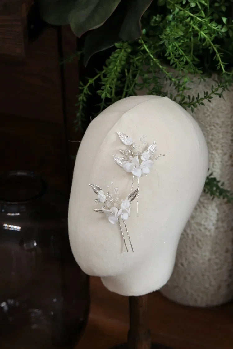 Vintage Gold Silver Color Hair Pin Clip Porcelain Flower Leaf Head Pieces For Brides Hairpins Wedding Accessories Bridal Jewelry b
