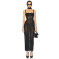 Elegant Lace Spaghetti Strap Long Dress Women Slim Sleeveless Sling Evening Party Gowns Summer Female Fashion Robe black