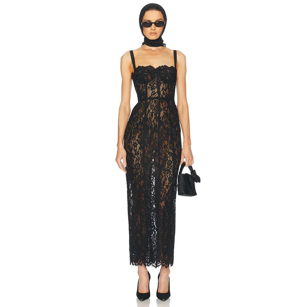 Elegant Lace Spaghetti Strap Long Dress Women Slim Sleeveless Sling Evening Party Gowns Summer Female Fashion Robe black