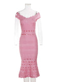 Spring Sexy Women Hollow Cut Design Bandage Dress with One Collar Shoulders Bodycon Backless Midi Dress Club Party Vestidos Pink