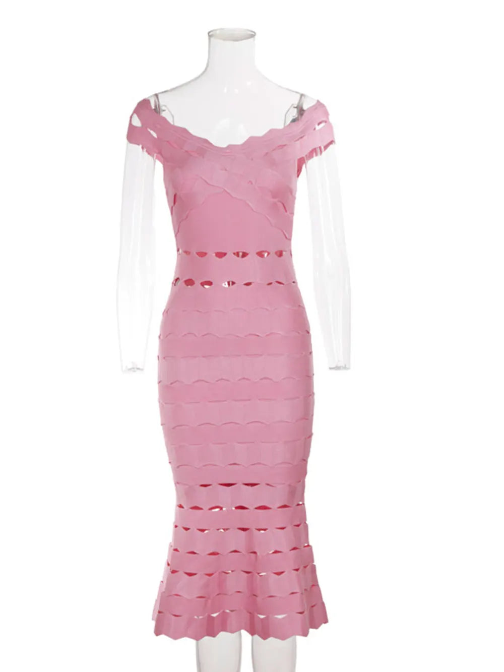 Spring Sexy Women Hollow Cut Design Bandage Dress with One Collar Shoulders Bodycon Backless Midi Dress Club Party Vestidos Pink