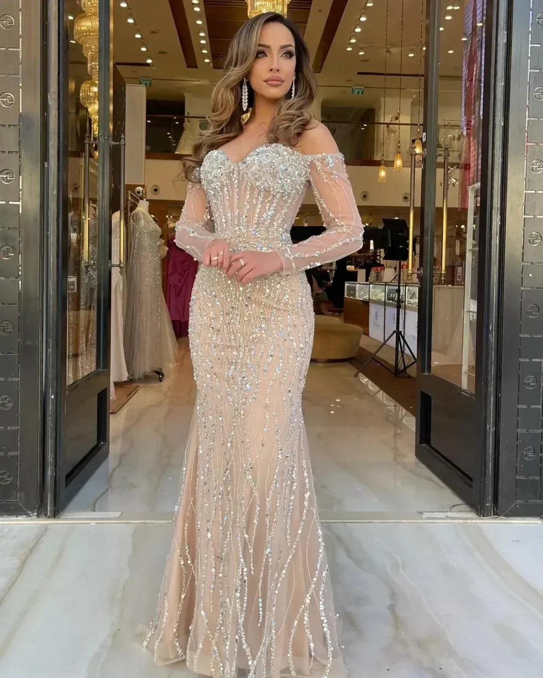 Customized Champagne Off Shoulder Mermaid Evening Dresses Dubai Beading Formal Party Gowns Pleats Long Sleeves Prom Dresses Champagne