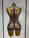 Sparkly Colorful Rhinestones Crystals Leotard Luxury Birthday Celebrate Sexy Outfit Sleeveless Mesh Bodysuit Stage Costume