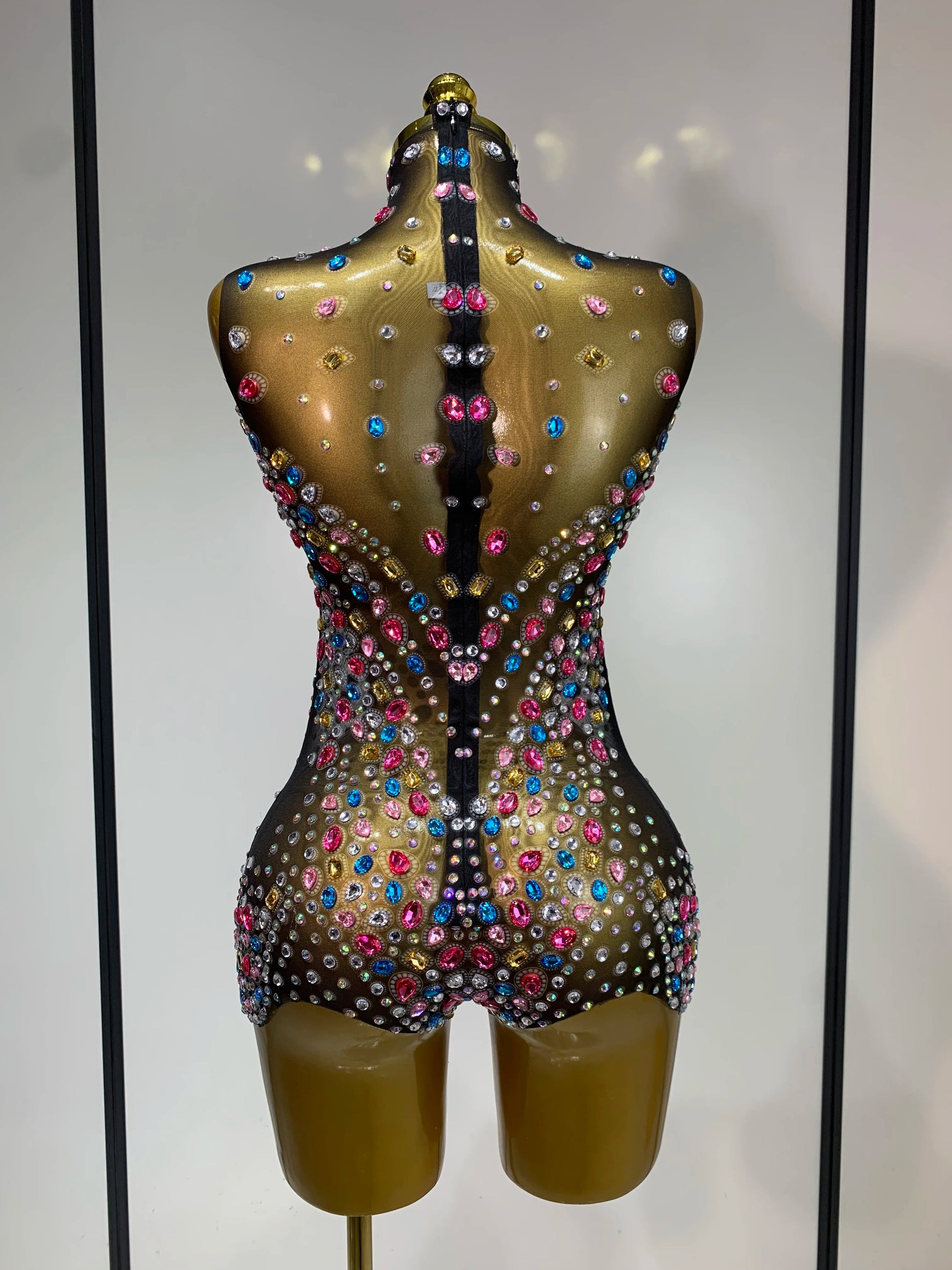 Sparkly Colorful Rhinestones Crystals Leotard Luxury Birthday Celebrate Sexy Outfit Sleeveless Mesh Bodysuit Stage Costume